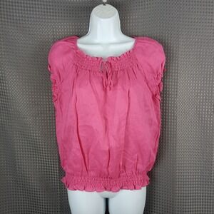 Allison Taylor Pink Linen Smocked Peasant Blouse Short Puff Sleeve Large